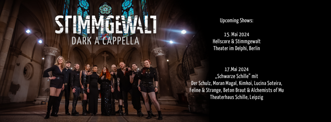 Ein Gruppenfoto von Stimmgewalt, mit den beiden Show-Terminen, zu denen wir Bass-Verstärkung suchen.